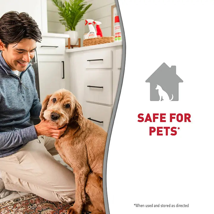 Safe for Pets. When used as directed.  man kneeling down to pet dog.
