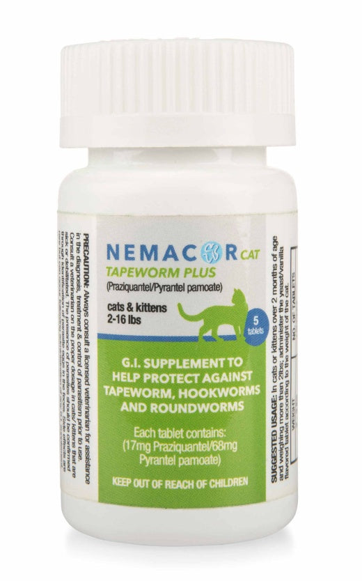 Nemacor Cat Tapeworm PLUS Tablets Front Bottle conatins 5 tablets