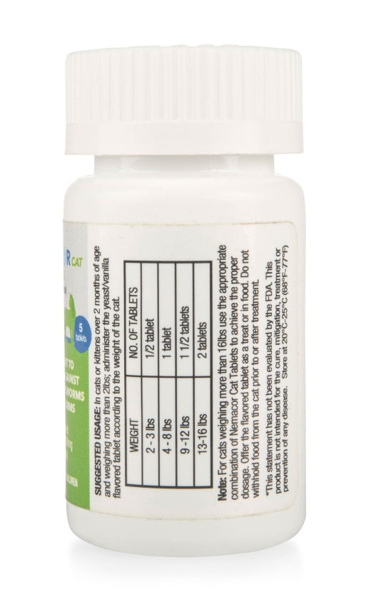 Nemacor Cat Tapeworm PLUS Tablets Side Bottle showing Usage Details