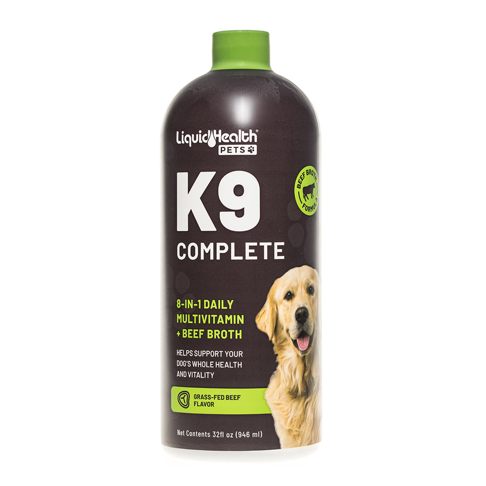 Liquid Health K9 Complete 8-in-1 Supplement for Dogsb 32-oz front of bottle.