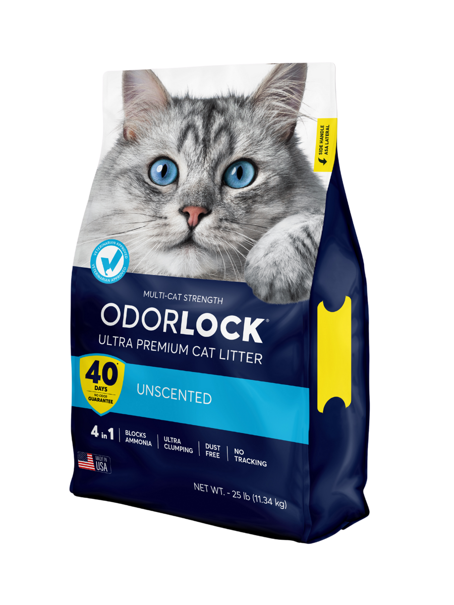 Intersand OdorLock Ultra Premium Unscented Multicat Cat Litter Formula Bag 25lb front. 