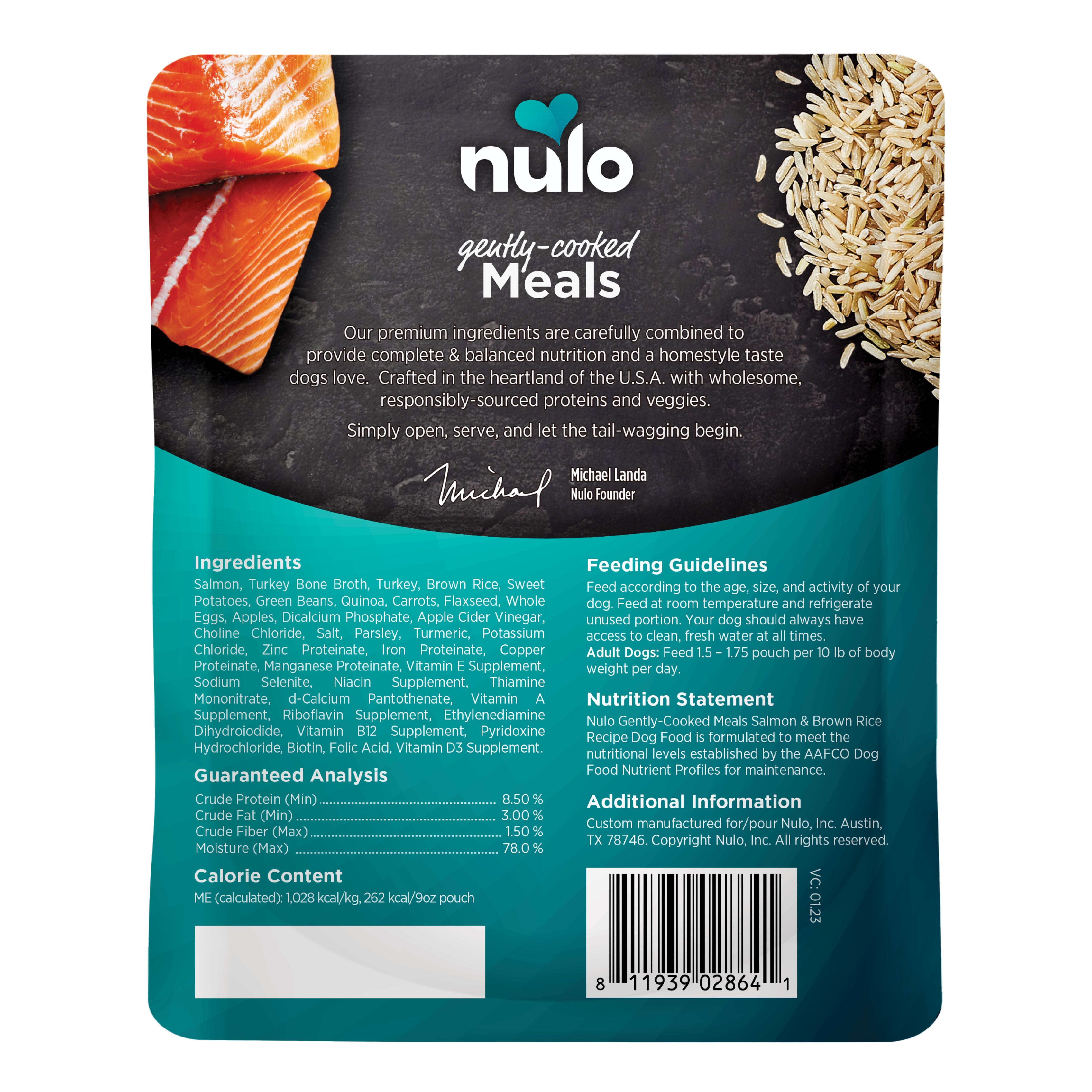 Nulo Gently-Cooked Meals Salmon & Brown Rice Recipe Dog Food Pouch