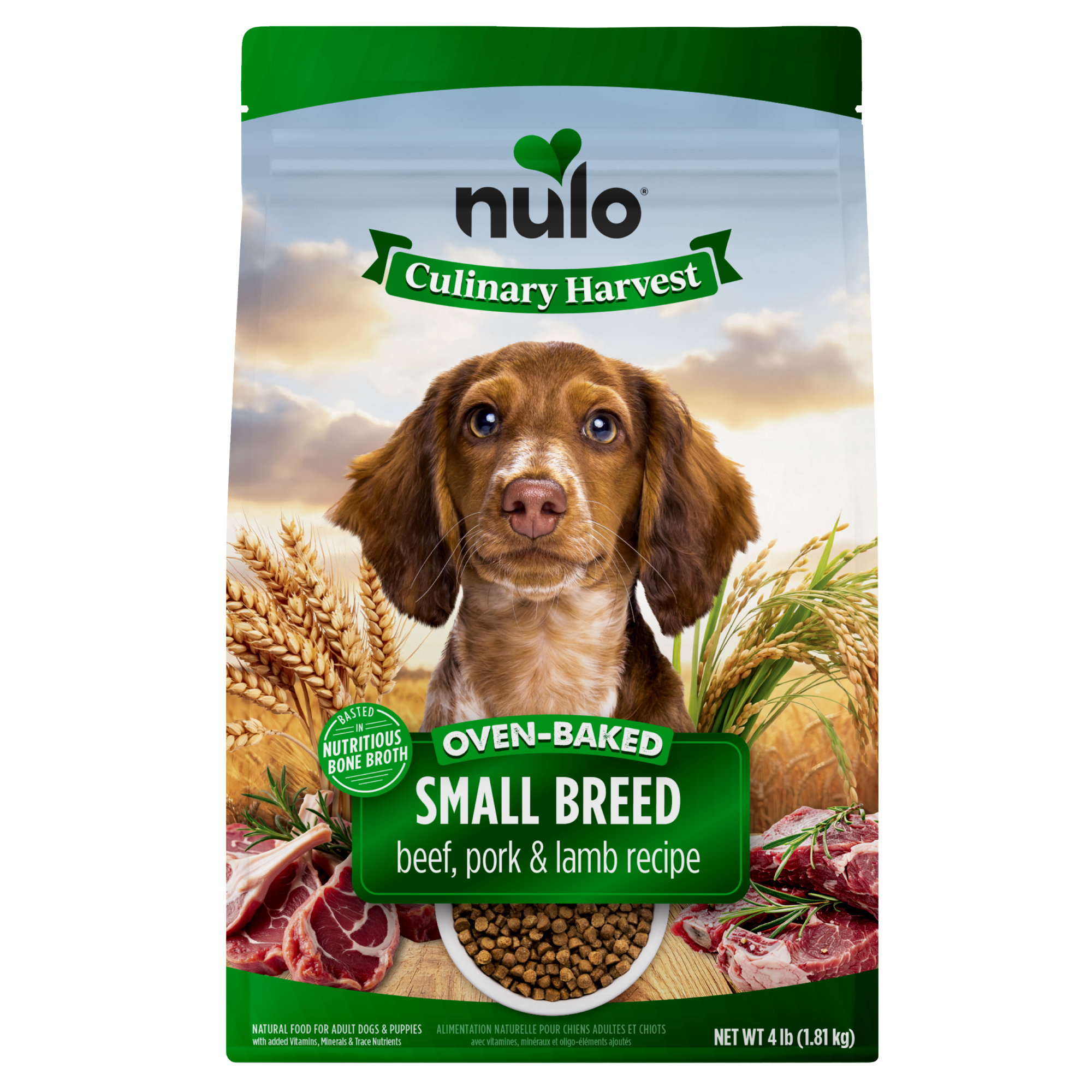 Nulo Culinary Harvest Baked Beef, Pork & Lamb Recipe for Small Breeds front of bag.