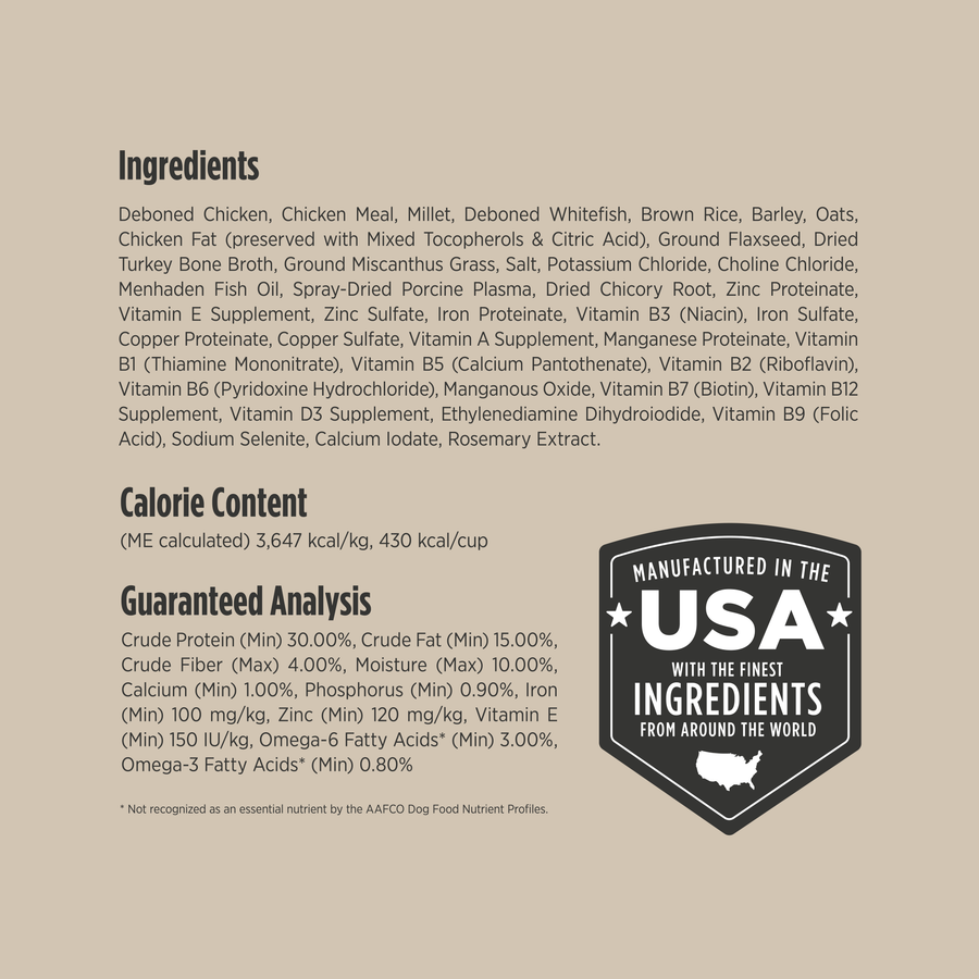 Ingredients and Analysis for Nulo Culinary Harvest Baked Chicken & Whitefish Recipe for Adult Dogs.