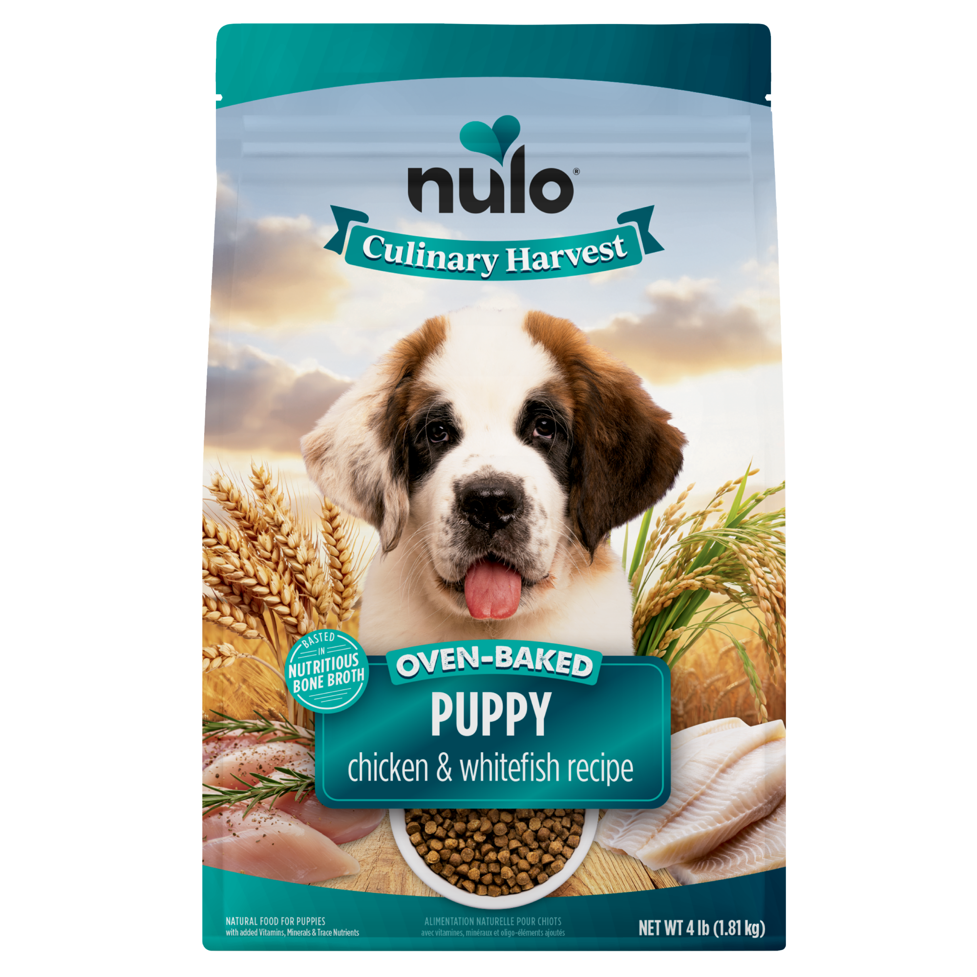 Nulo Culinary Harvest Baked Chicken & Whitefish Recipe for Puppies front of bag.