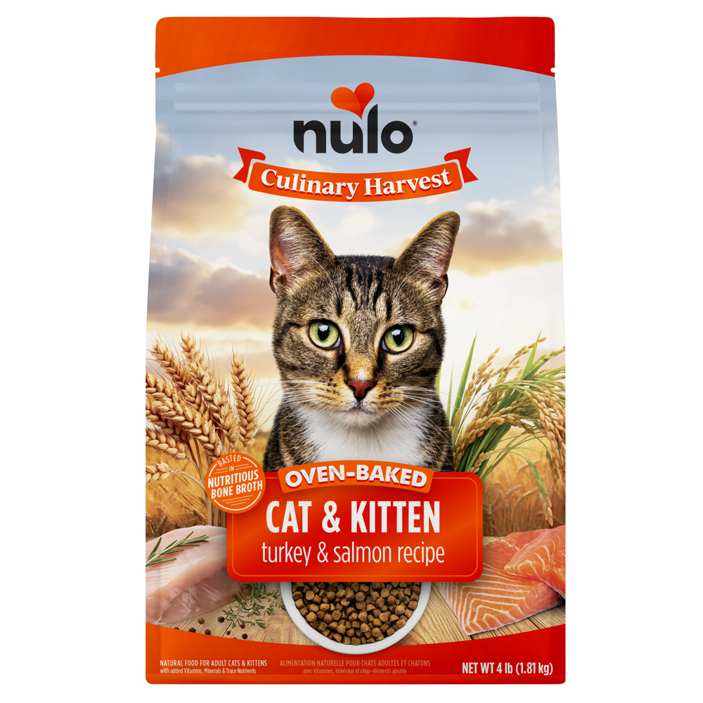 Nulo Culinary Harvest Baked Turkey & Salmon Recipe for Adult Cats & Kittens front of bag.