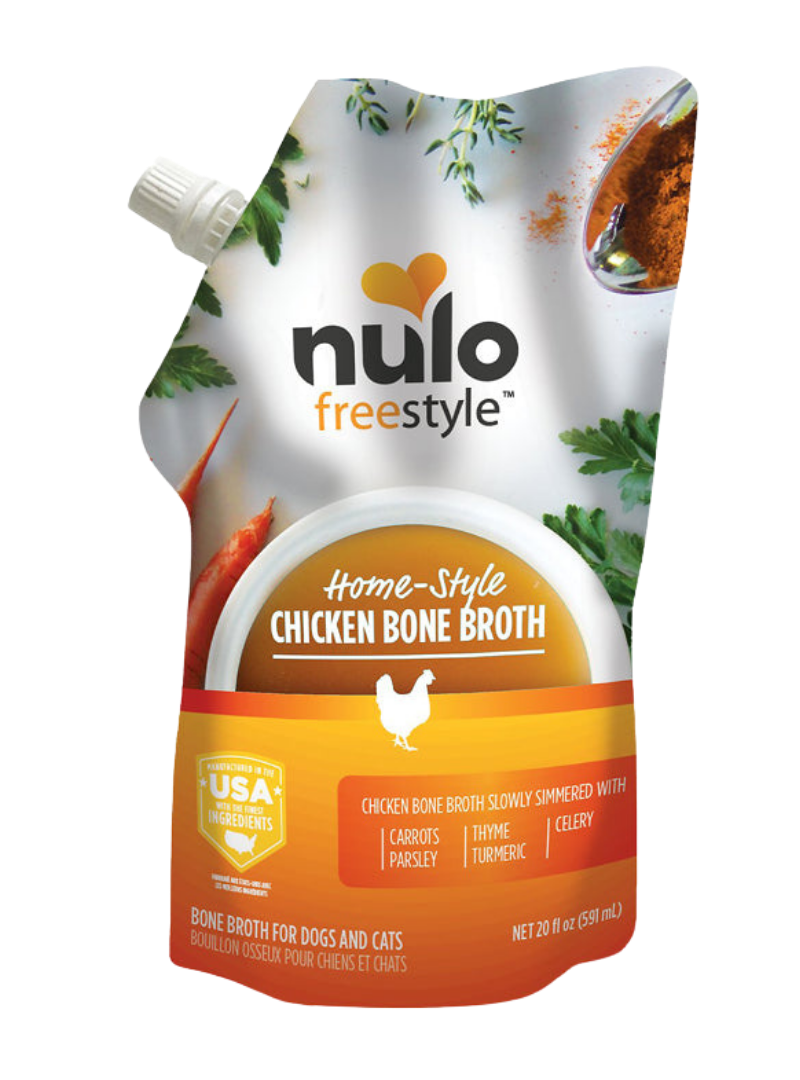 Nulo FreeStyle Grain-Free Home-Style Chicken Bone Broth Dog & Cat Topper 20oz, Front Packaging