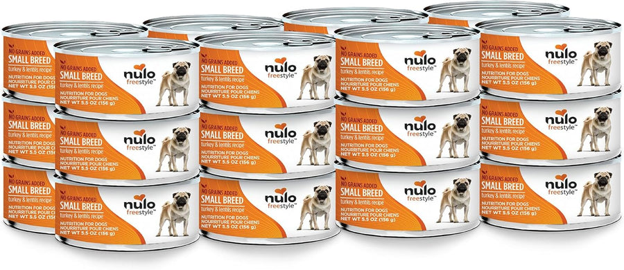 Stacks of cans of Nulo FreeStyle Grain-Free Turkey & Lentils Small Breed Canned Dog Food
