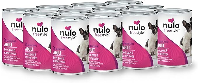 Stack of cans of Nulo FreeStyle Grain Free Beef, Peas, and Carrots Recipe Canned Dog Food 13oz