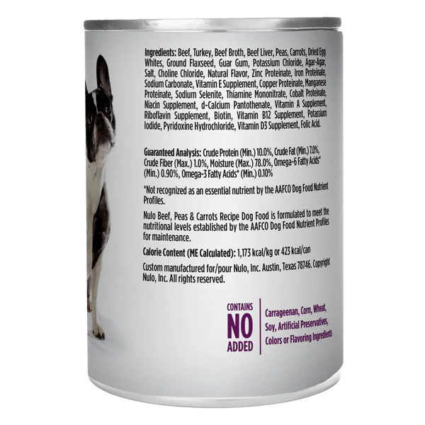 Back Can of Nulo FreeStyle Grain Free Beef, Peas, and Carrots Recipe Canned Dog Food 13oz
