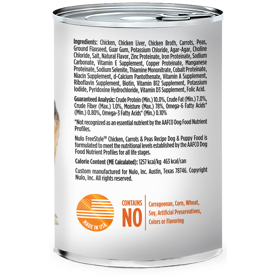Back can of Nulo FreeStyle Grain Free Chicken, Carrots and Peas Recipe Canned Dog Food 13oz