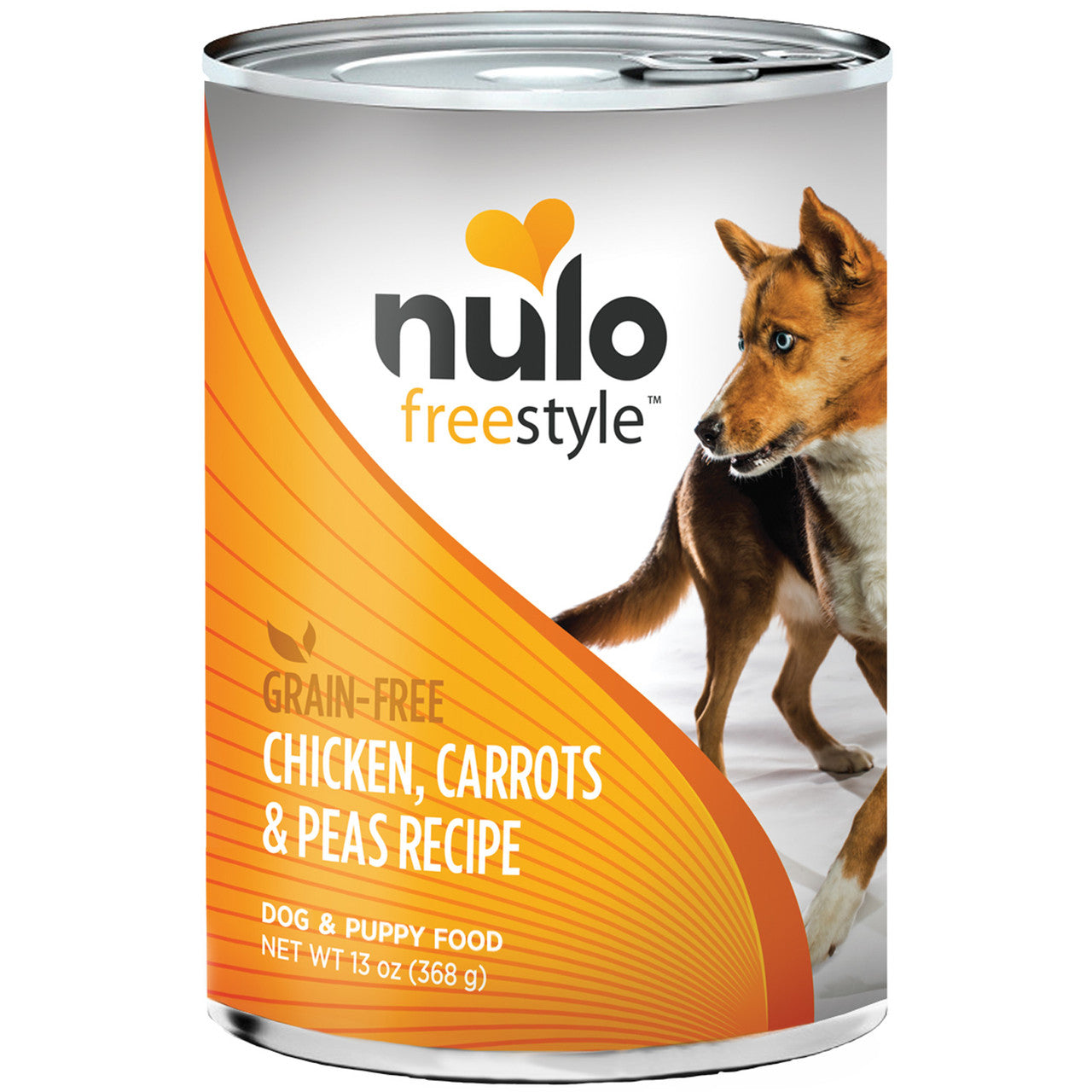 Front can of Nulo FreeStyle Grain Free Chicken, Carrots and Peas Recipe Canned Dog Food 13oz