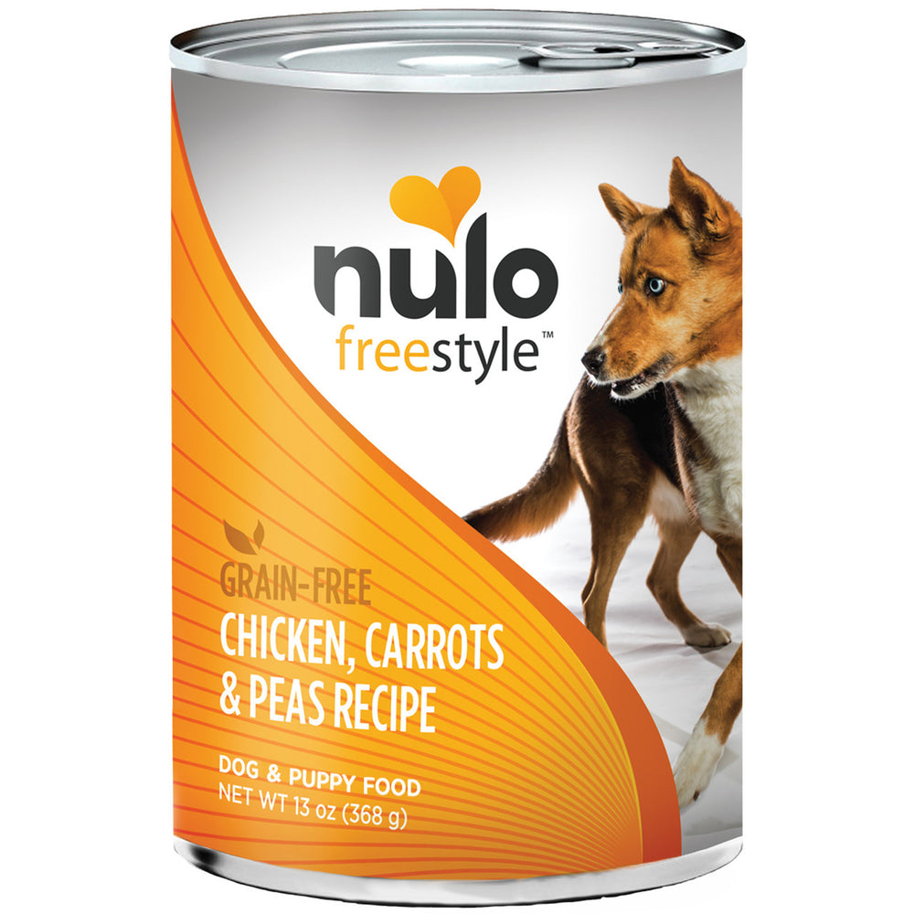 Front can of Nulo FreeStyle Grain Free Chicken, Carrots and Peas Recipe Canned Dog Food 13oz