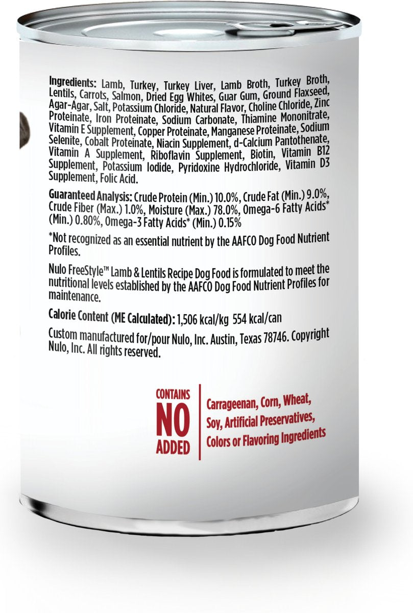 Side can of Nulo FreeStyle Grain Free Lamb and Lentils Recipe Canned Dog Food 13oz
