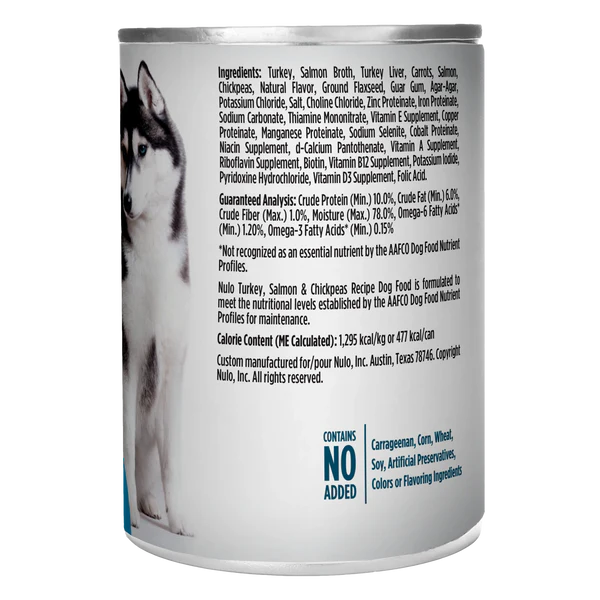 Back can of Nulo FreeStyle Grain Free Salmon and Chickpeas Recipe Canned Dog Food 13 oz