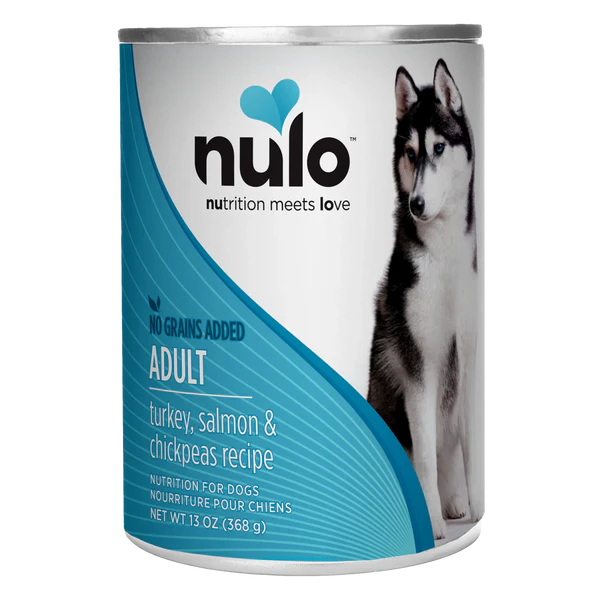 Front can of Nulo FreeStyle Grain Free Salmon and Chickpeas Recipe Canned Dog Food 13oz