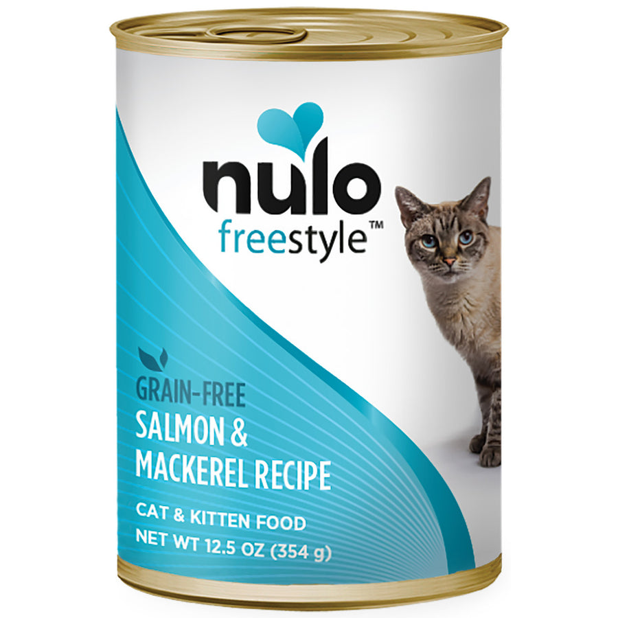 Front can of Nulo FreeStyle Grain Free Salmon and Mackerel Recipe Canned Kitten & Cat Food 12.5oz