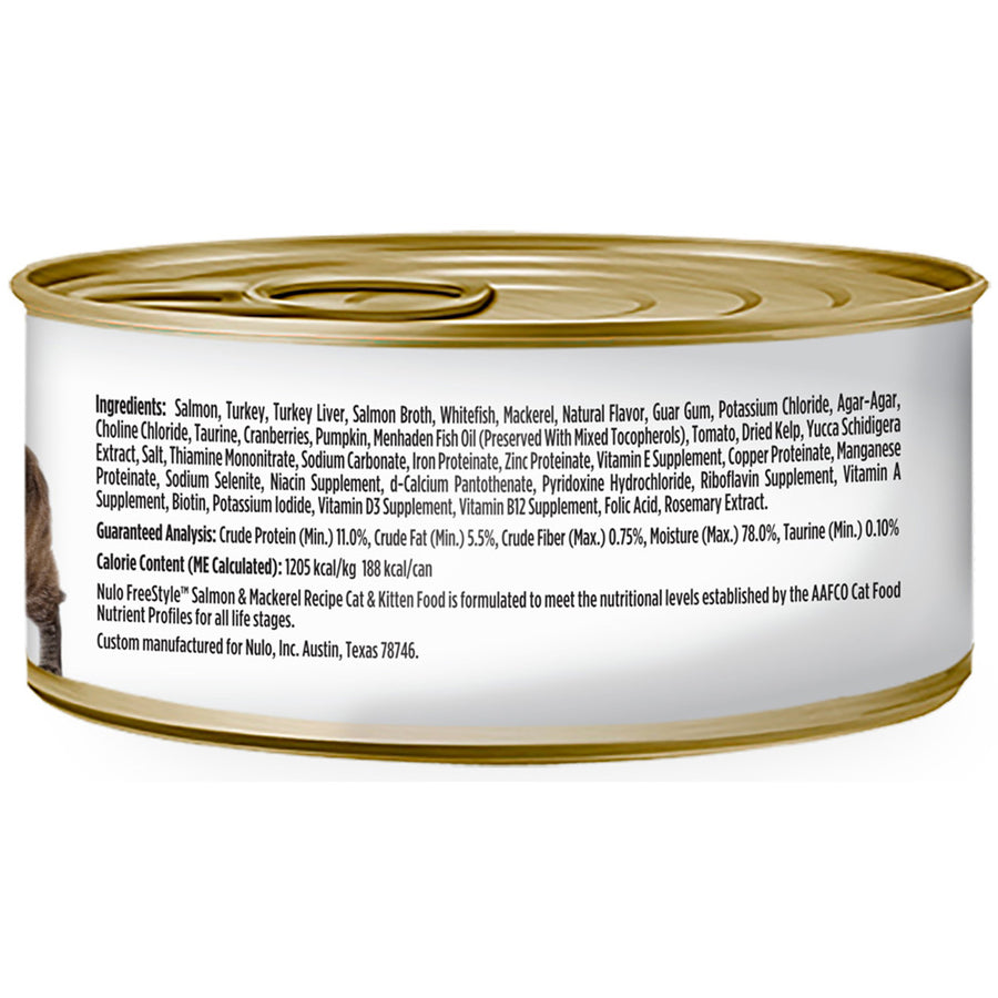 Back can of Nulo FreeStyle Grain Free Salmon and Mackerel Recipe Canned Kitten & Cat Food 5.5 oz