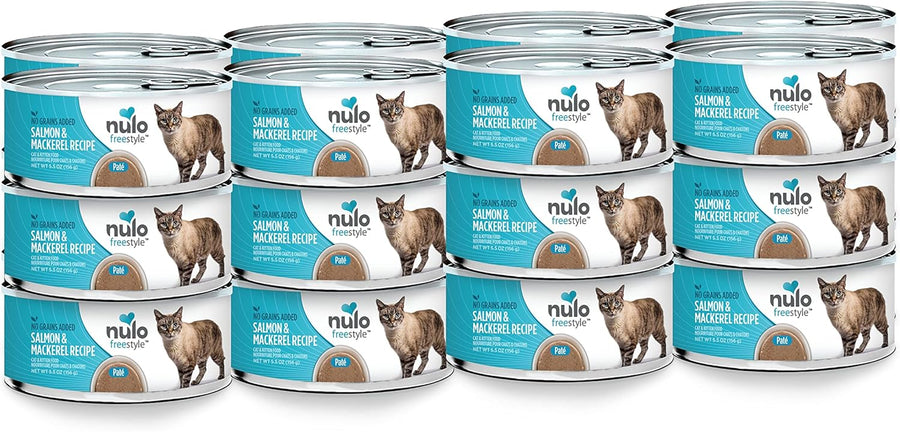 Stacks of cans of Nulo FreeStyle Grain Free Salmon and Mackerel Recipe Canned Kitten & Cat Food 5.5oz