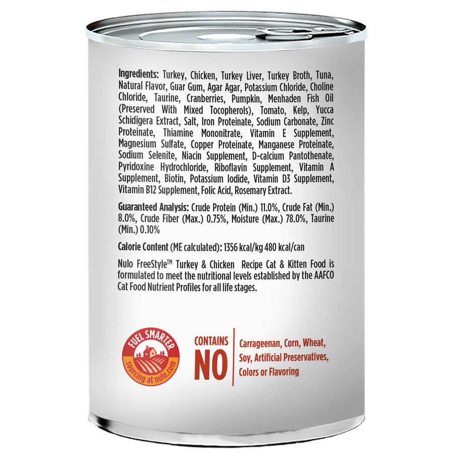 Back can of Nulo FreeStyle Grain Free Turkey & Chicken Recipe Canned Kitten & Cat Food 12.5 oz