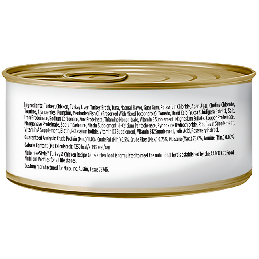 Back can of Nulo FreeStyle Grain Free Turkey & Chicken Recipe Canned Kitten & Cat Food 5.5oz