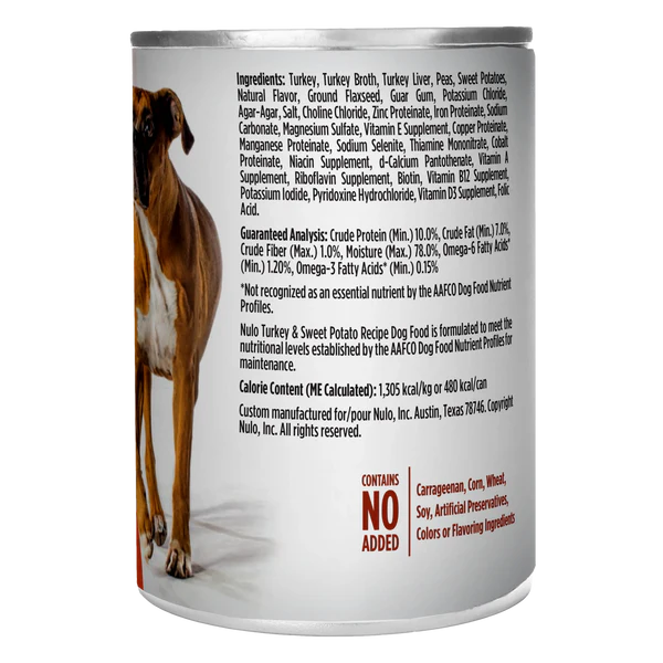 Back can of Nulo FreeStyle Grain Free Turkey and Sweet Potato Recipe Canned Dog Food 13oz