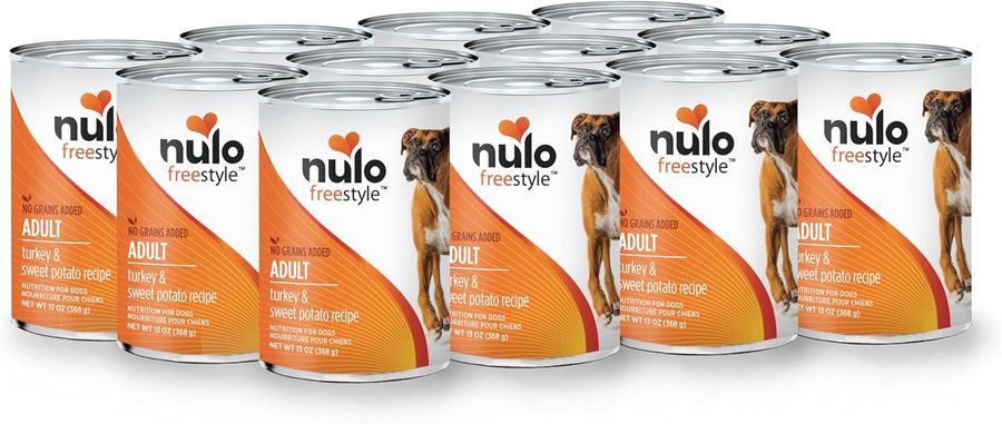 Stack of cans of Nulo FreeStyle Grain Free Turkey and Sweet Potato Recipe Canned Dog Food13 oz