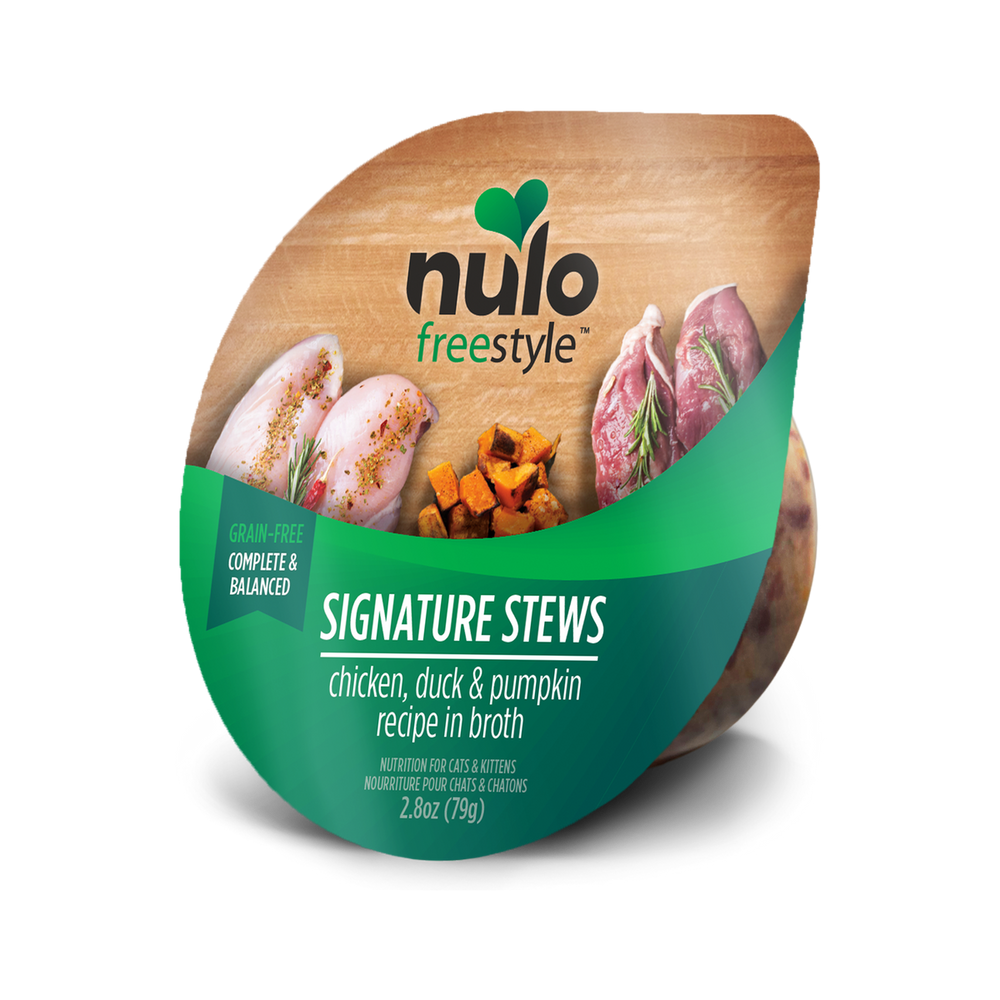 Nulo Freestyle Signature Stews Chicken, Duck & Pumpkin Cat Food Tub 2.8oz Front Packaging