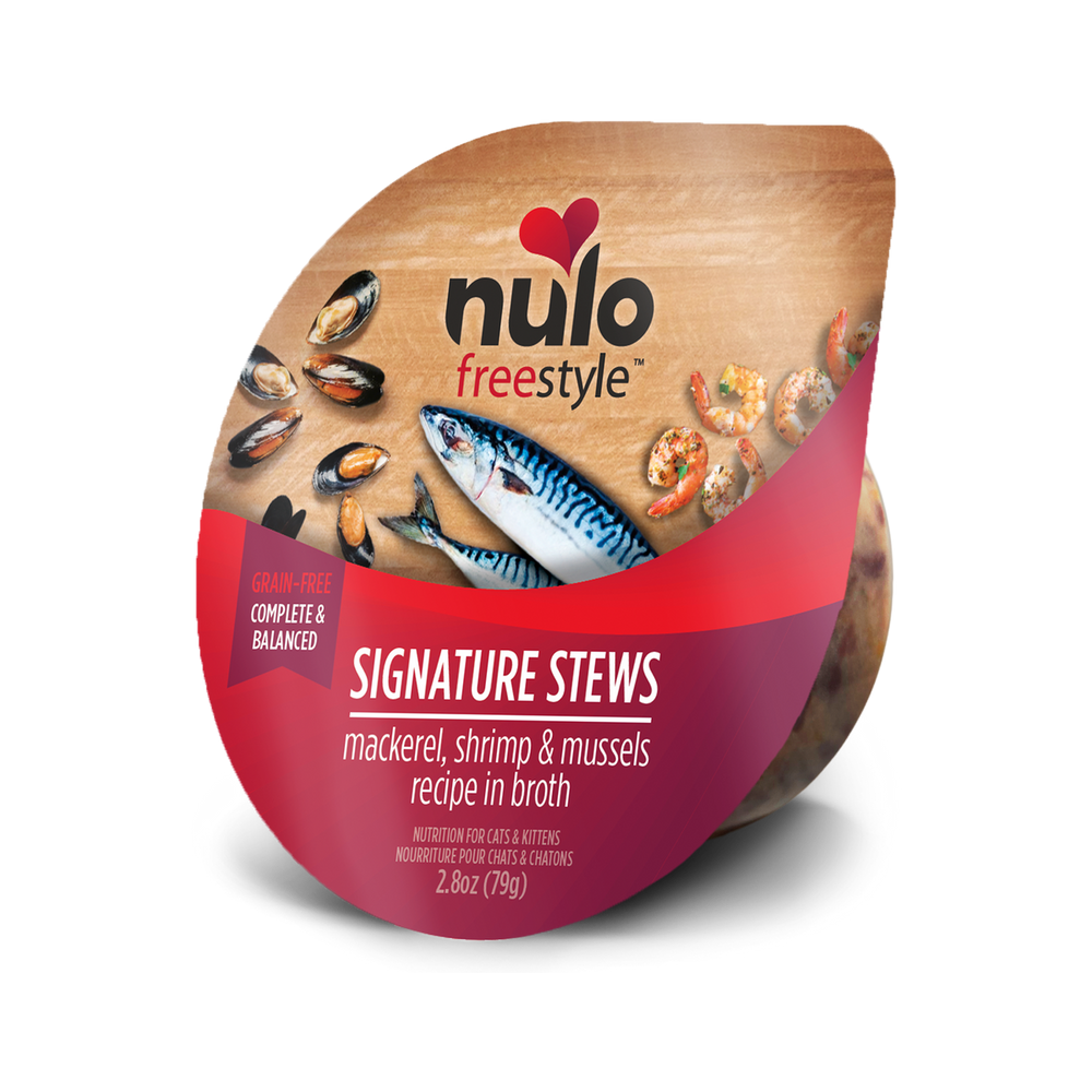 Nulo Freestyle Signature Stews Mackerel, Shrimp & Mussel Cat Food Tub 2.8oz Front Packaging