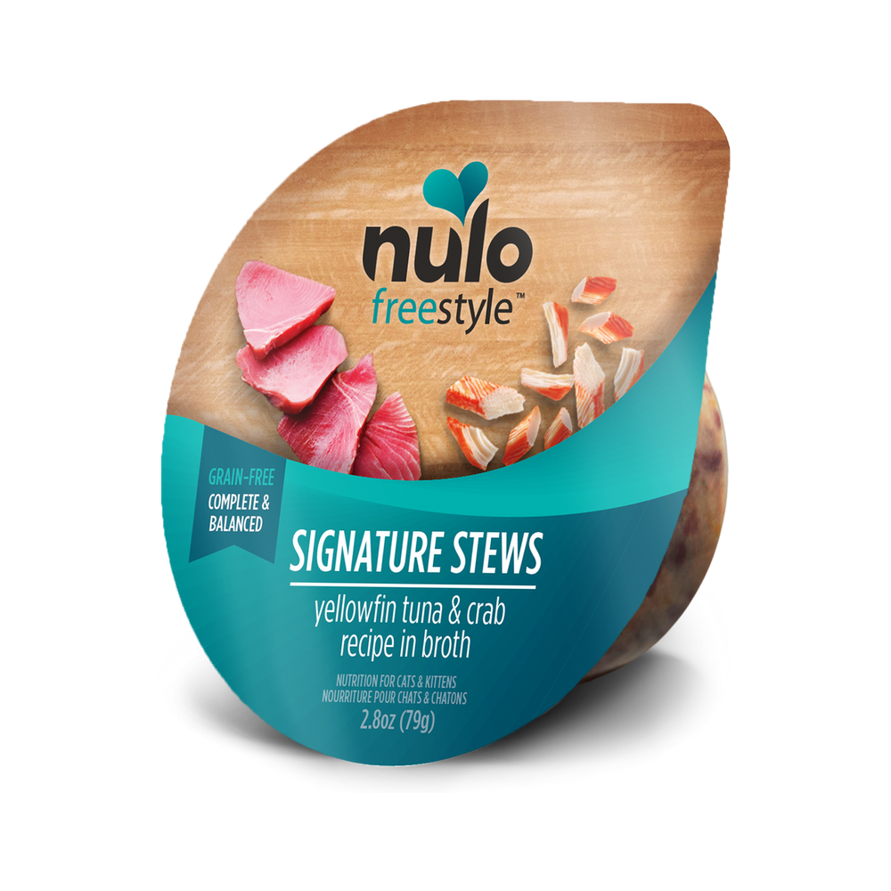 Nulo Freestyle Signature Stews Yellowfin, Tuna & Crab Cat Food Tub 2.8oz Front Packaging