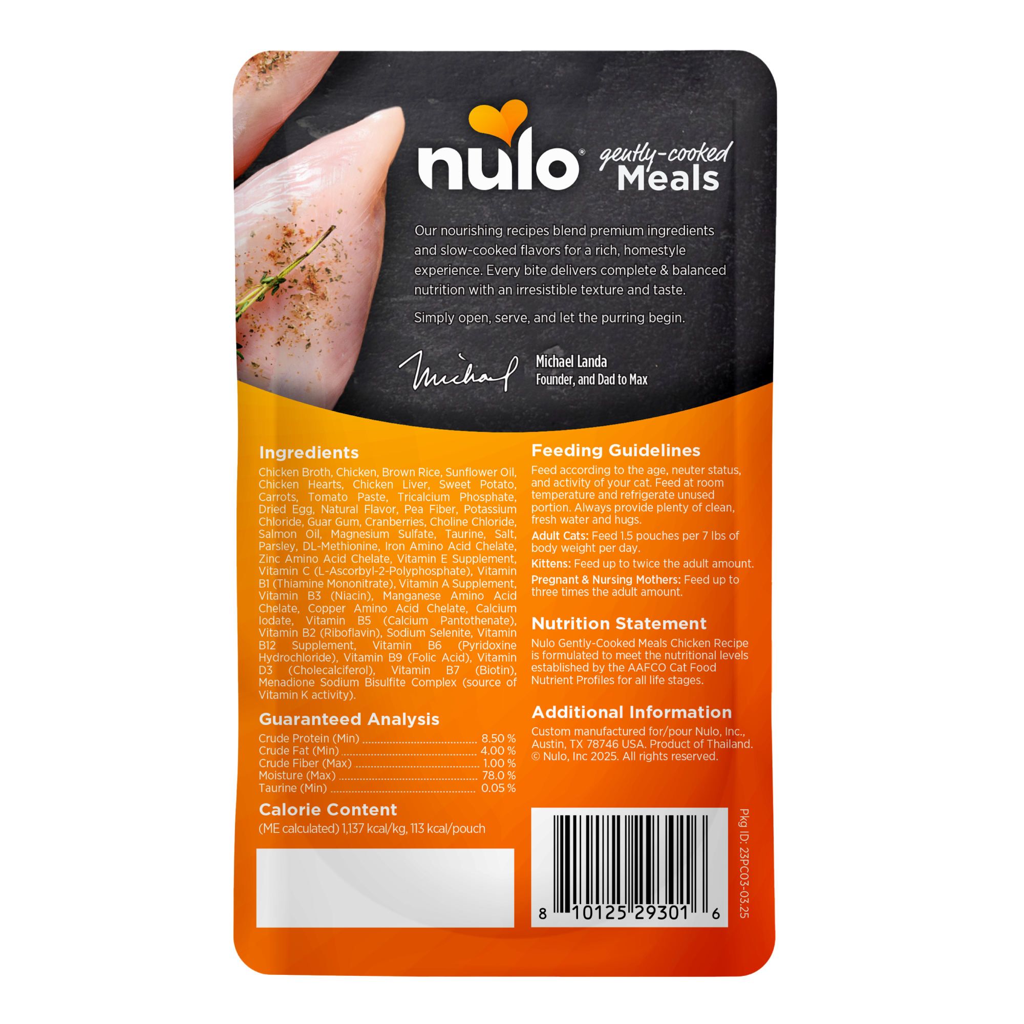 Nulo Gently Cooked Meals Chicken Recipe For Cats back of bag. 