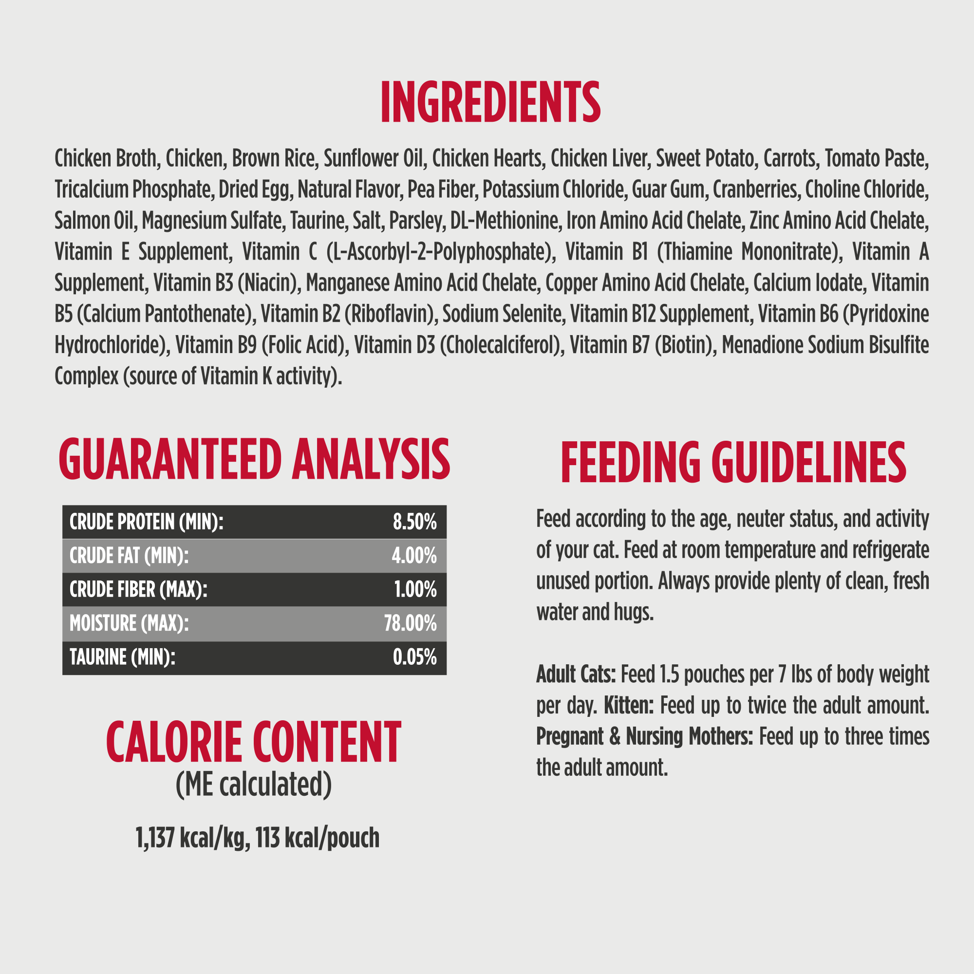 *Ingredients
*Guaranteed Analysis
*Feeding Guidelines 
