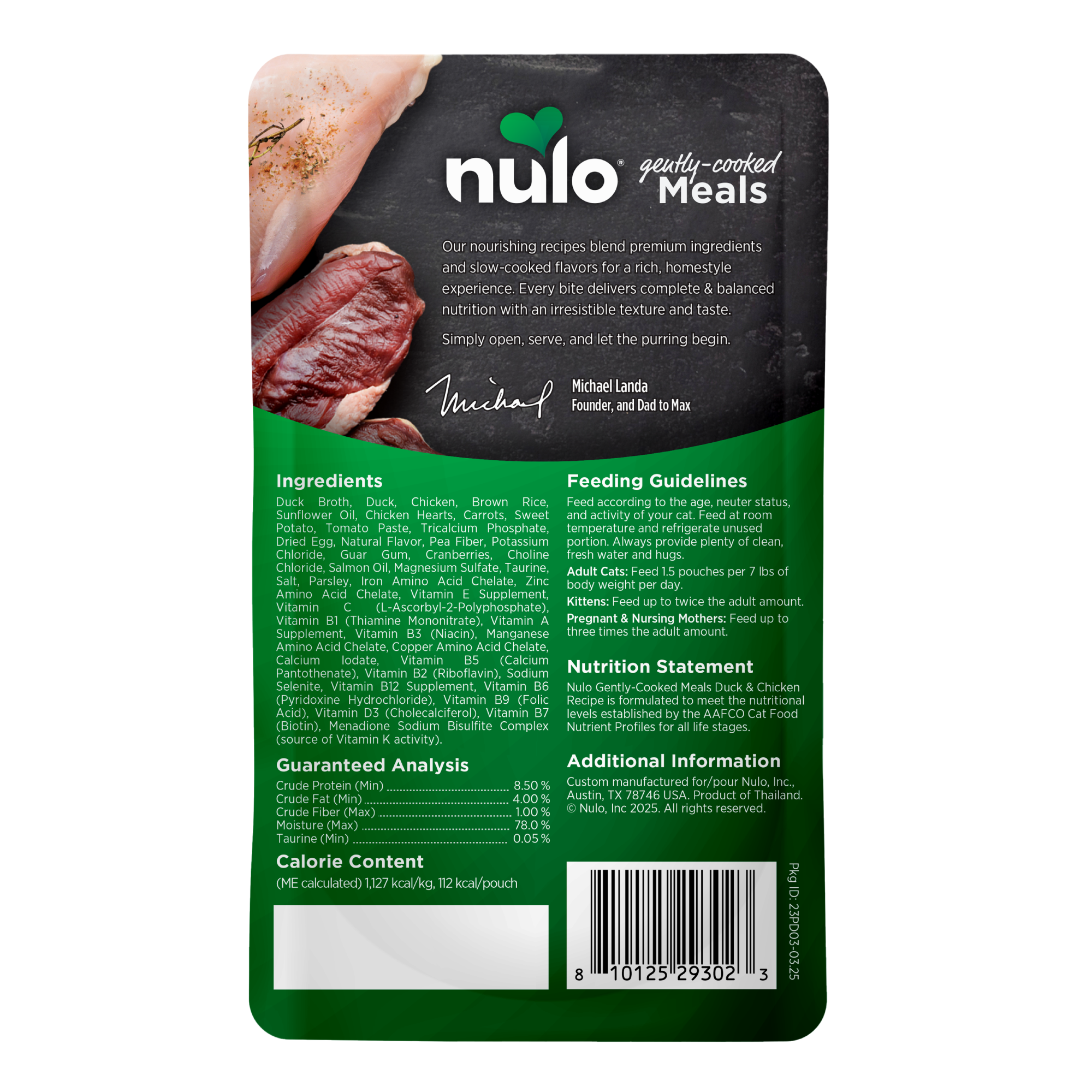 Nulo Gently Cooked Meals Duck & Chicken Recipe For Cats back of bag. 