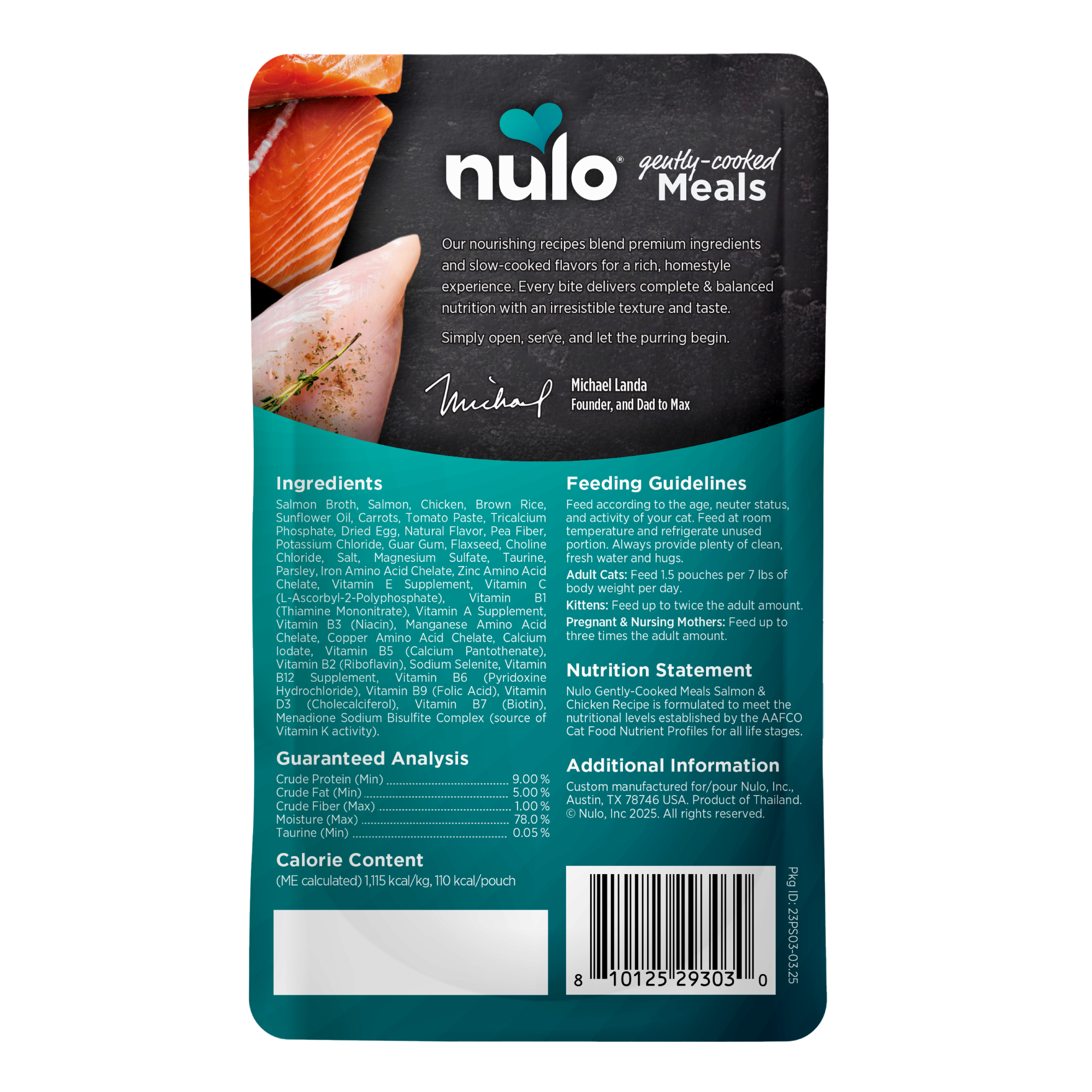 Nulo Gently Cooked Meals Salmon & Chicken Recipe back of bag. 