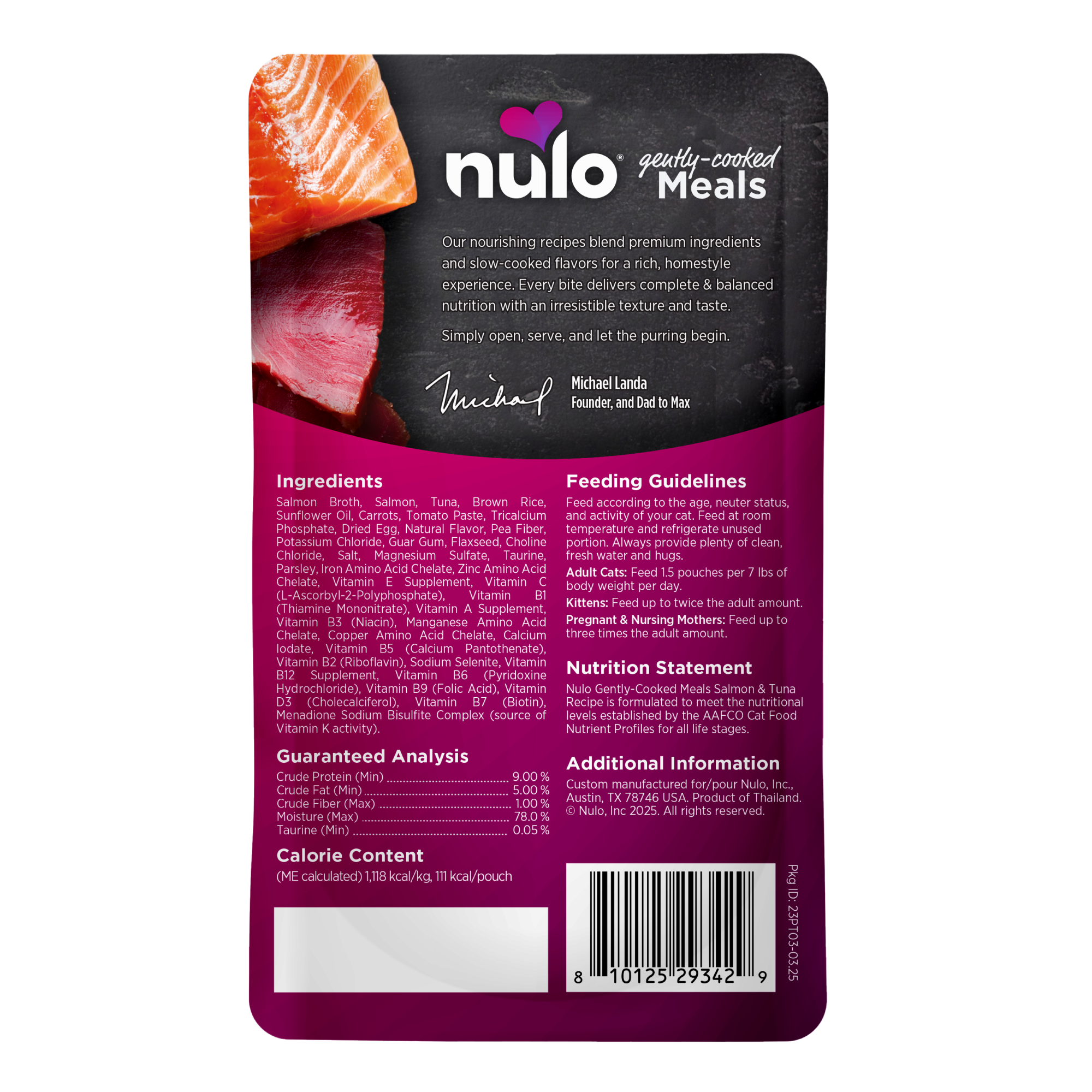 Nulo Gently Cooked Meals Salmon & Tuna Recipe For Cats back of bag. 