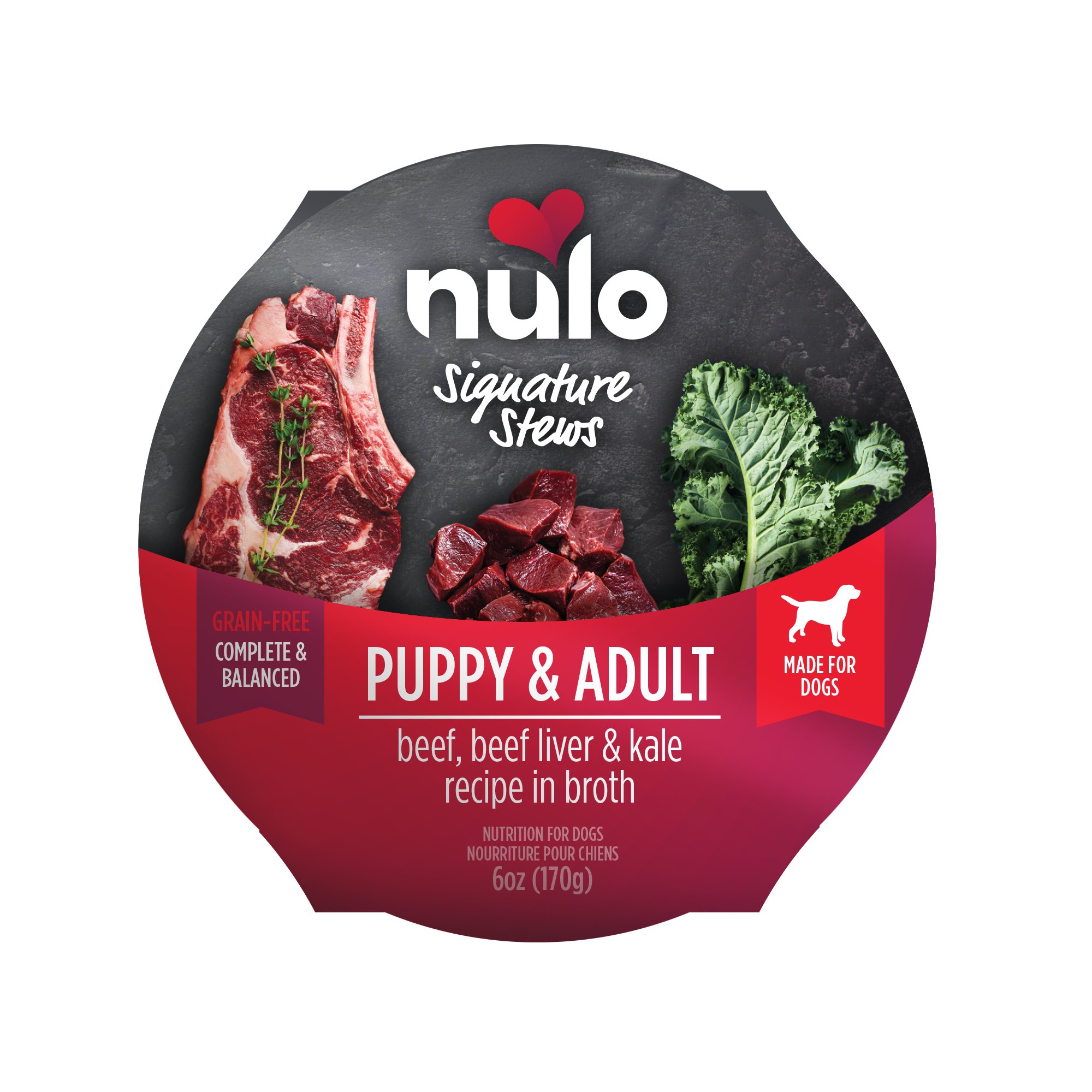 Nulo Signature Stews Puppy & Adult Beef, Beef Liver & Kale in Broth Recipe Dog Food Tub 6oz, Top View