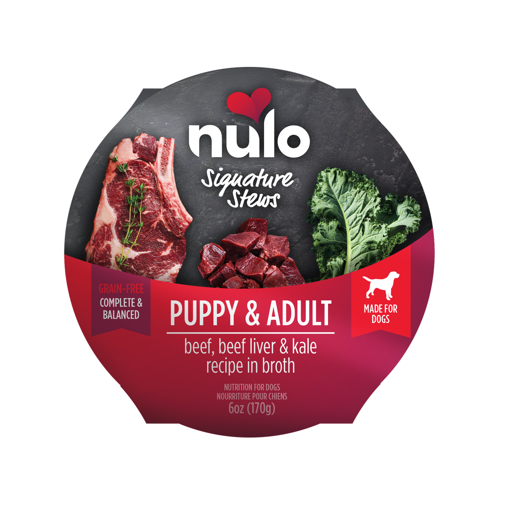 Nulo Signature Stews Puppy & Adult Beef, Beef Liver & Kale in Broth Recipe Dog Food Tub 6oz, Top View