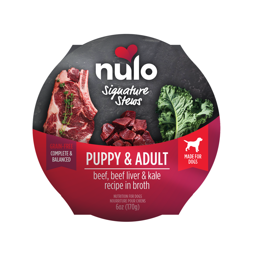 Nulo Signature Stews Puppy & Adult Beef, Beef Liver & Kale in Broth Recipe Dog Food Tub 6oz, Top View