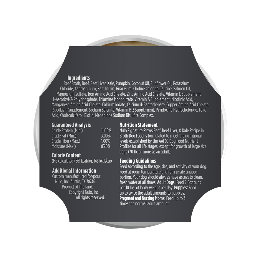 Nulo Signature Stews Puppy & Adult Beef, Beef Liver & Kale in Broth Recipe Dog Food Tub, Back Label