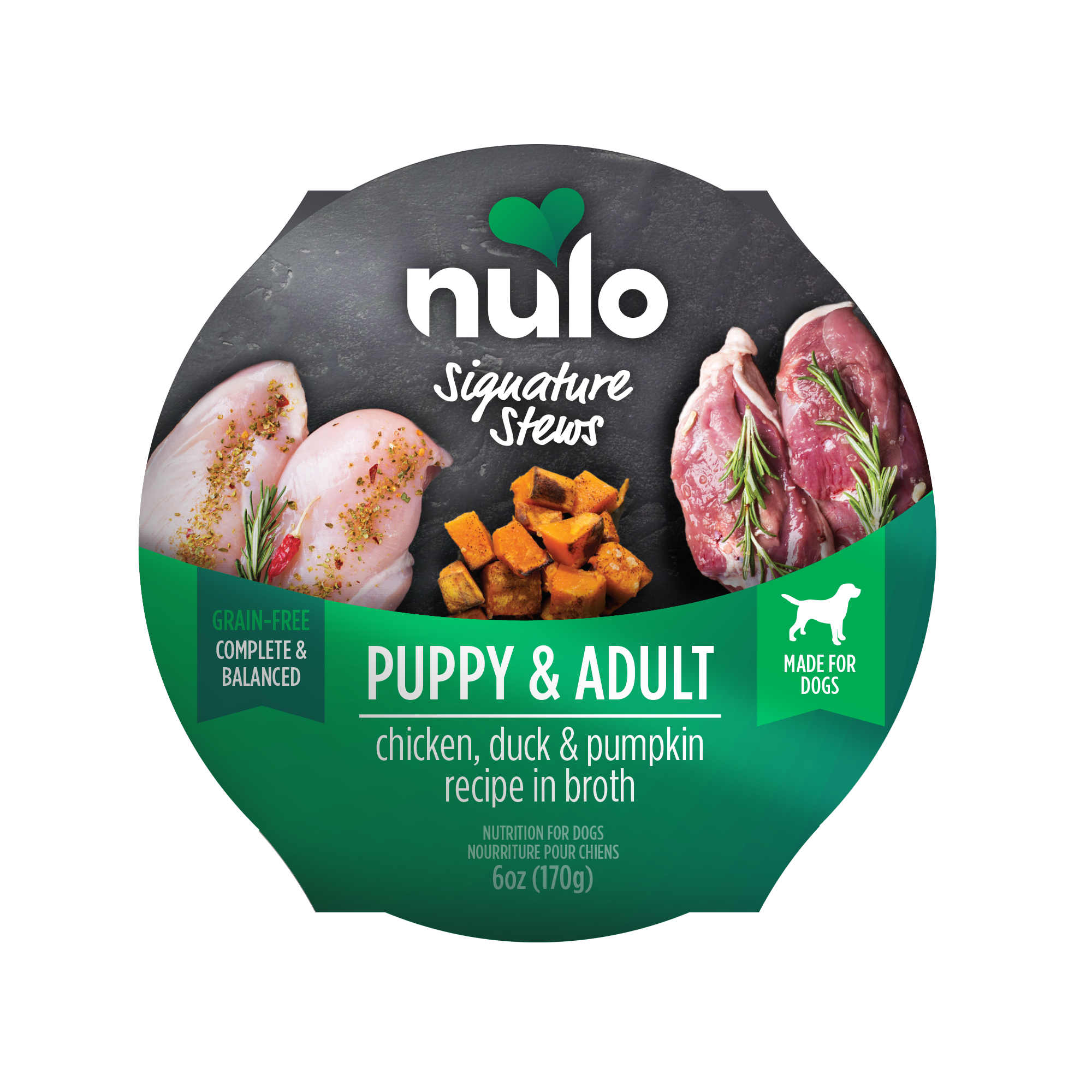 Nulo Signature Stews Puppy & Adult Chicken, Duck & Pumpkin in Broth Recipe Dog Food Tub 6oz, Front Label