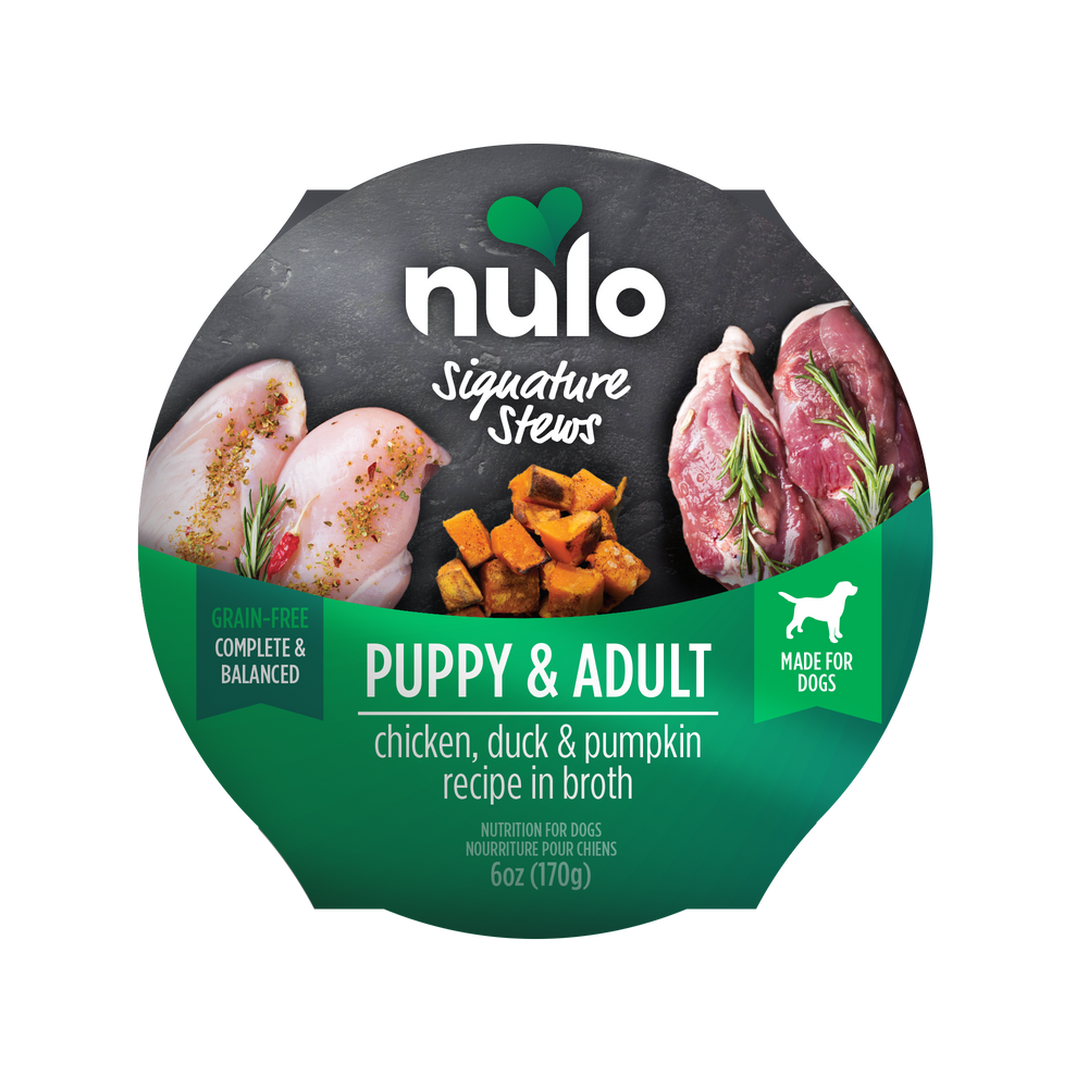 Nulo Signature Stews Puppy & Adult Chicken, Duck & Pumpkin in Broth Recipe Dog Food Tub 6oz, Front Label