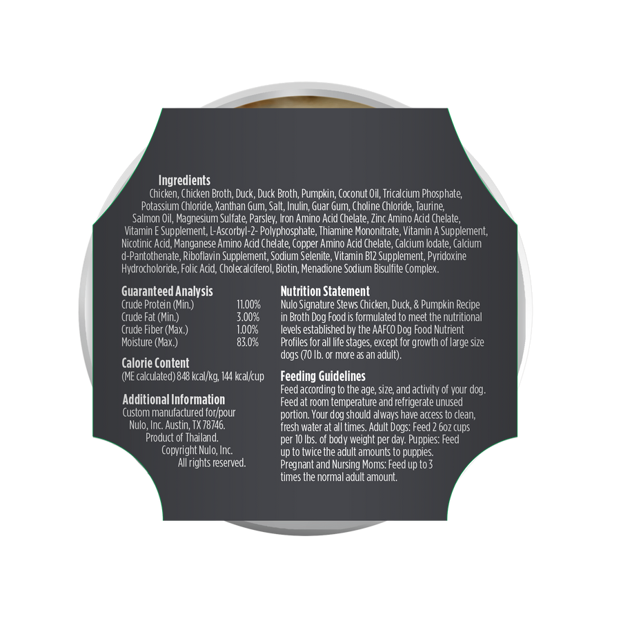 Nulo Signature Stews Puppy & Adult Chicken, Duck & Pumpkin in Broth Recipe Dog Food Tub, Back Label