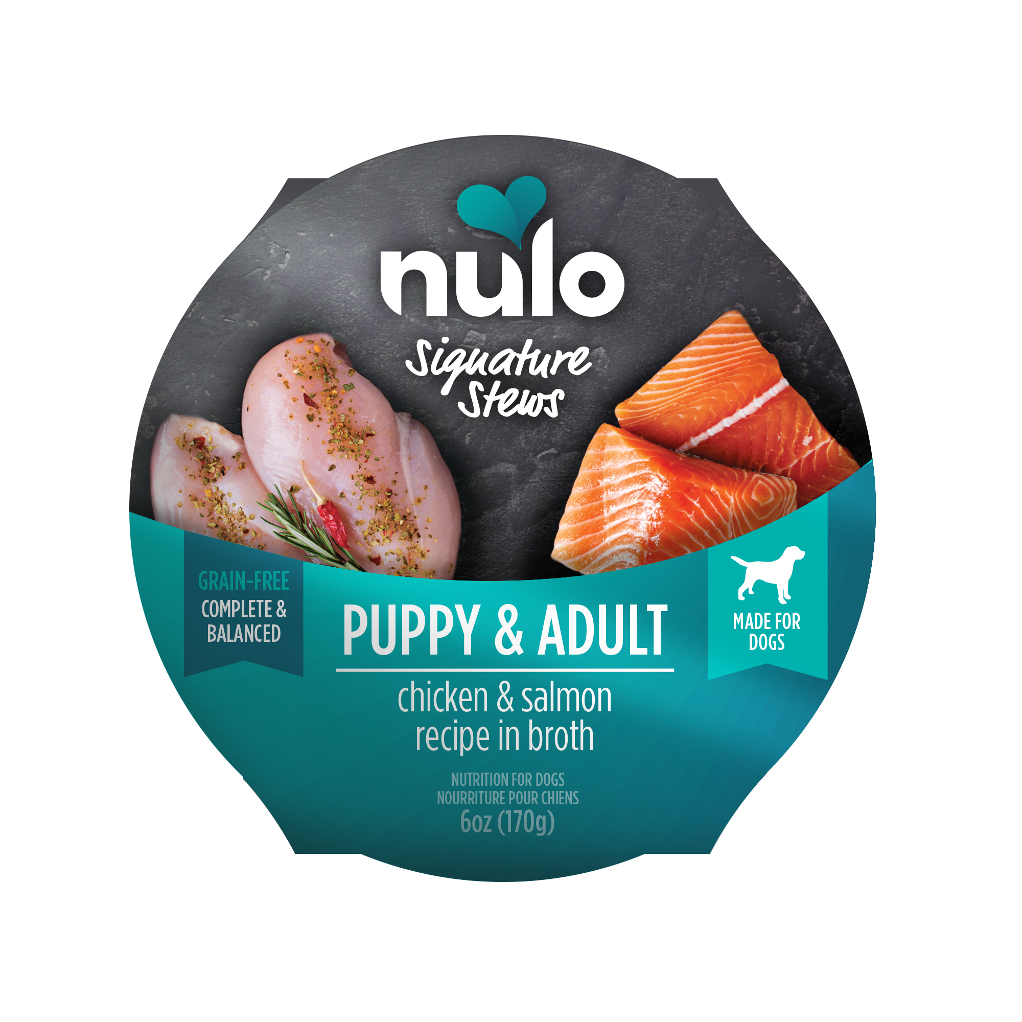 Top View of Nulo Signature Stews Puppy & Adult Chicken & Salmon in Broth Recipe Dog Food Tub 6oz