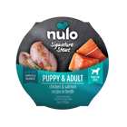 Top View of Nulo Signature Stews Puppy & Adult Chicken & Salmon in Broth Recipe Dog Food Tub 6oz