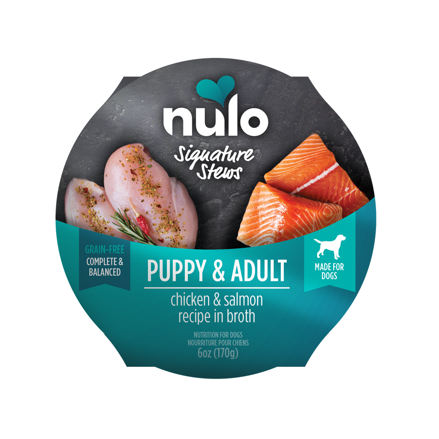 Top View of Nulo Signature Stews Puppy & Adult Chicken & Salmon in Broth Recipe Dog Food Tub 6oz