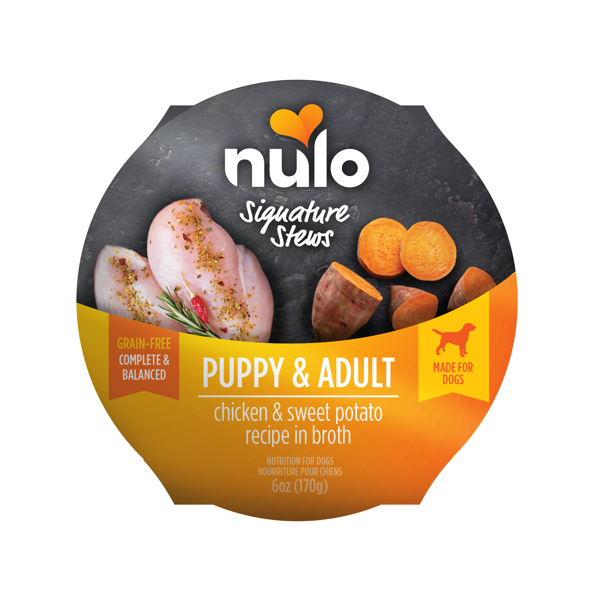 Nulo Signature Stews Puppy & Adult Chicken & Sweet Potato in Broth Recipe Dog Food Tub 6oz, Front Packaging
