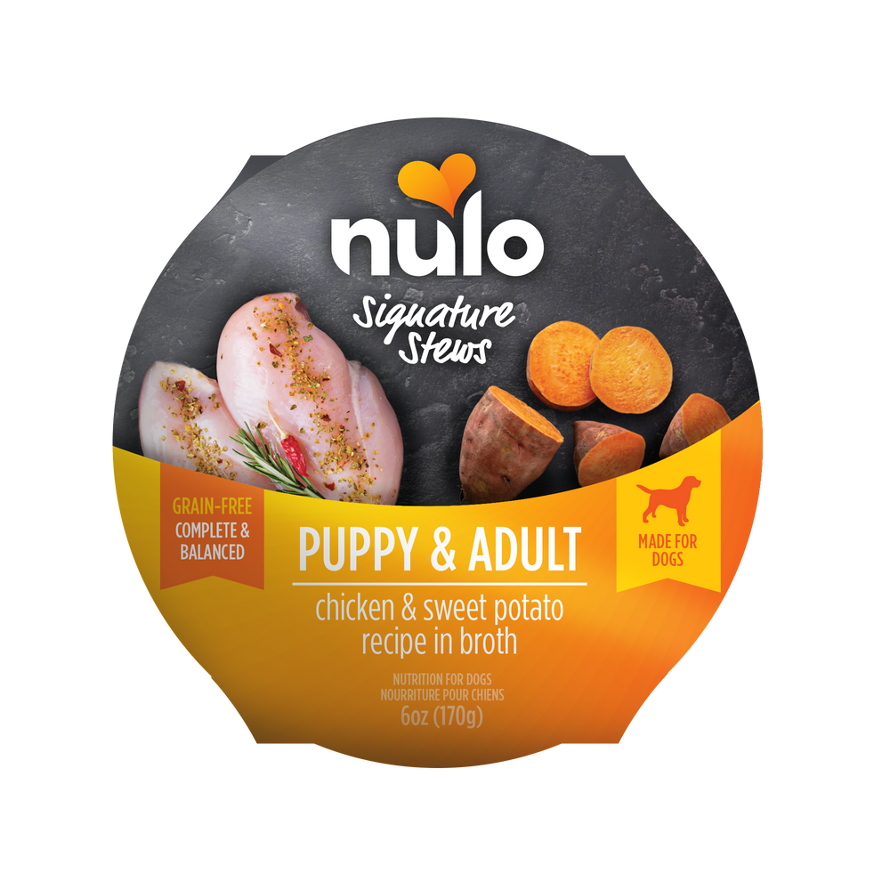 Nulo Signature Stews Puppy & Adult Chicken & Sweet Potato in Broth Recipe Dog Food Tub 6oz, Front Packaging