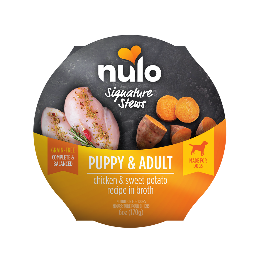 Nulo Signature Stews Puppy & Adult Chicken & Sweet Potato in Broth Recipe Dog Food Tub 6oz, Front Packaging
