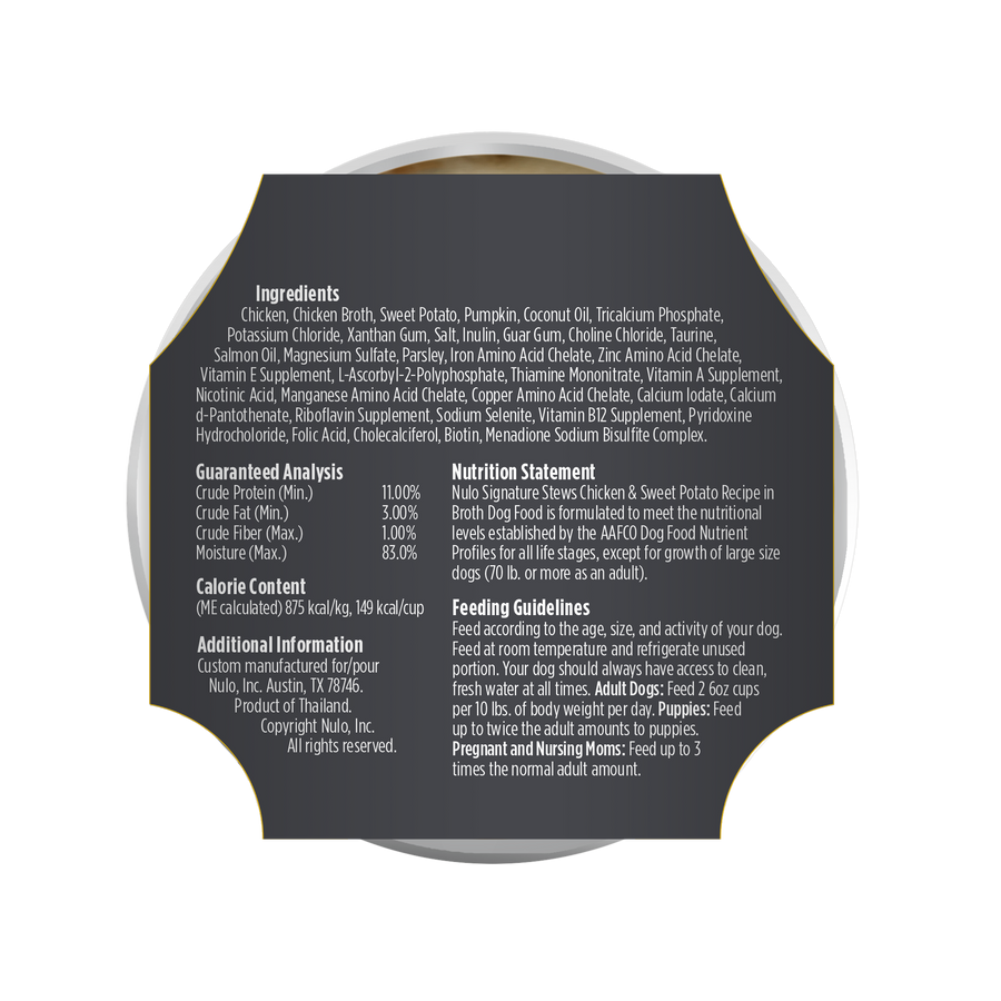 Nulo Signature Stews Puppy & Adult Chicken & Sweet Potato in Broth Recipe Dog Food Tub, Back label with full details