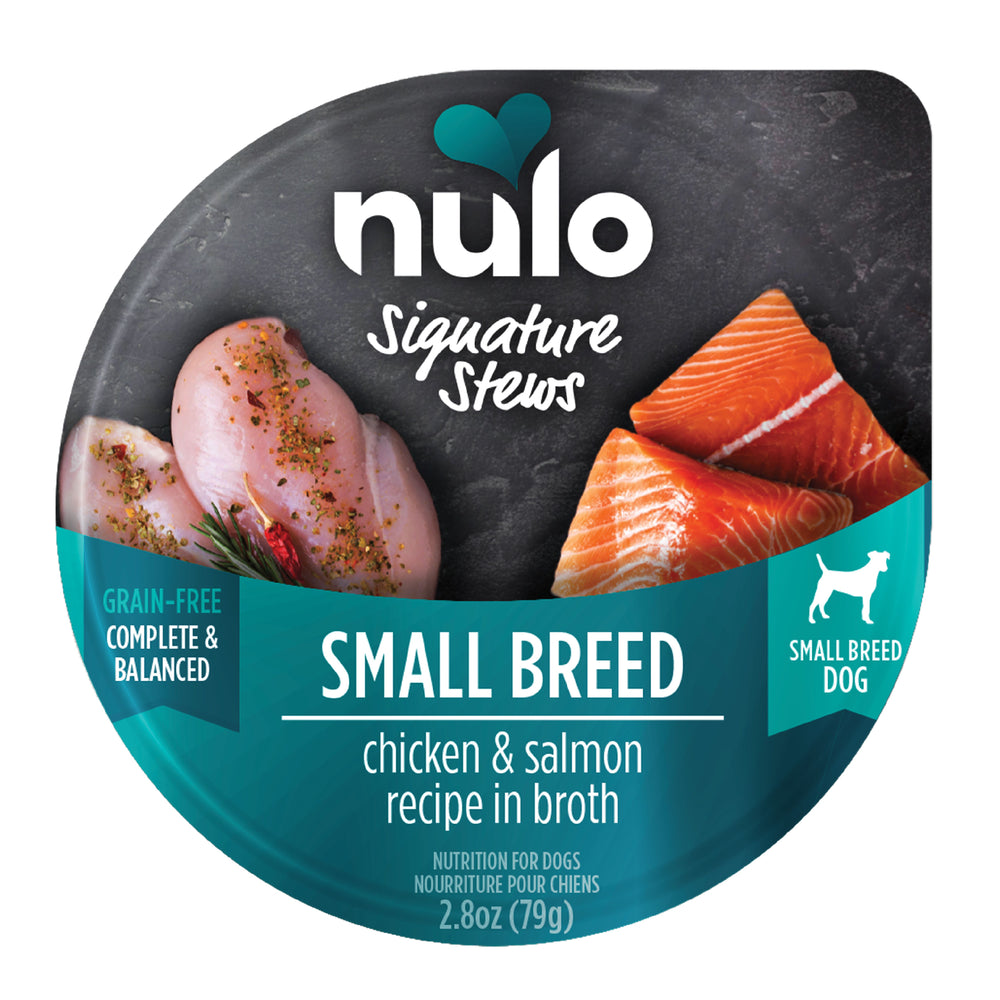 Nulo Signature Stews Small Breed Chicken & Salmon in Broth Recipe Dog Food Tub 2.8oz, Top Label